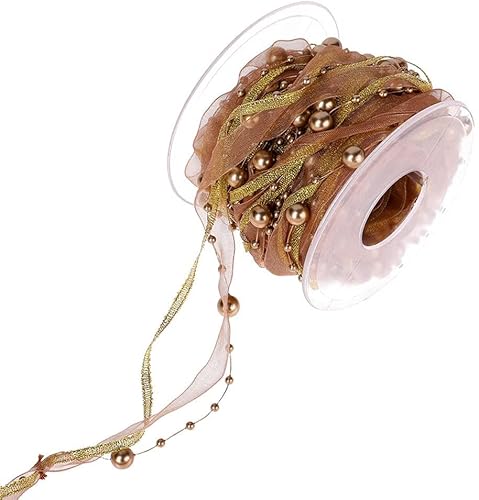 10 Meter künstliches Perlenband, Chiffonband, Organza-Spitzenband, Besätze für Hochzeit, Blumenverpackung, Weihnachten, DIY-Dekoration (Gold) von gadenfer