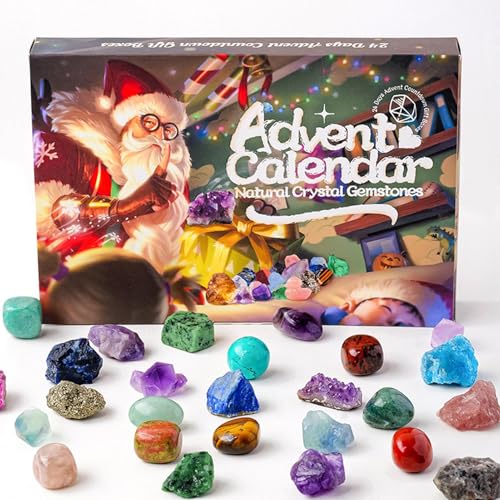 Weihnachts-Edelstein-Adventskalender 2024 – 24 Tage Weihnachts-Countdown-Kalender Naturstein-Edelstein-Lernset für Teenager, Steinsammlung mit Schmuckherstellungsset von gafdu