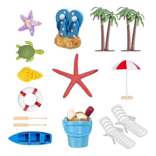 gafdu Tropische Cupcake-Dekorationen,Tropischer Cupcake-Topper,15X Miniatur-Strand-Cupcake-Topper - Palmen, Liegestuhl, Strandschirm, Eimer, Tortenaufsatz-Set für Gartenpflanzenpool von gafdu