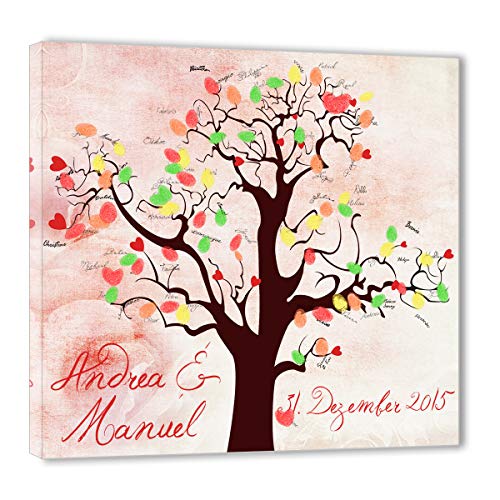 Fingerabdruck Baum Leinwand 60x60 mit NAMEN & DATUM - INKL Zubehör-Set (Stempelkissen+Stift+Anleitung+Hochzeitsbuch+...) GRATIS - Herzchen Hintergrund - Hochzeitsbaum Fingerabdruck von galleryy.net