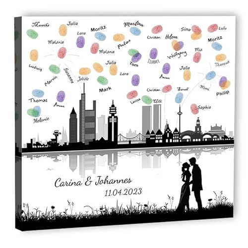 galleryy.net Fingerabdruck-Leinwand Hochzeit Leinwand 40x40 cm - Individuell mit Namen & Datum - INKL. Zubehör-Set mit Stempelkissen, Stift und Hochzeitsbuch - Motiv - Skyline Frankfurt von galleryy.net