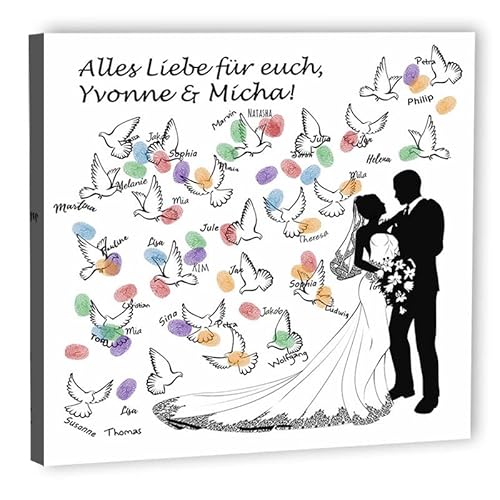 galleryy.net Fingerabdruck-Leinwand Hochzeit Leinwand 40x40 cm - Individuell mit Namen & Datum - INKL. Zubehör-Set mit Stempelkissen, Stift und Hochzeitsbuch - Motiv - Tauben von galleryy.net