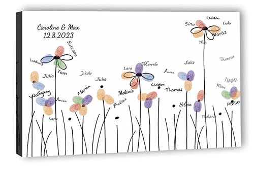 galleryy.net Fingerabdruck-Leinwand Hochzeit Leinwand 60x40 cm - Individuell mit Namen & Datum - INKL. Zubehör-set mit Stempelkissen, Stift und Hochzeitsbuch - Motiv - Blumenwiese von galleryy.net