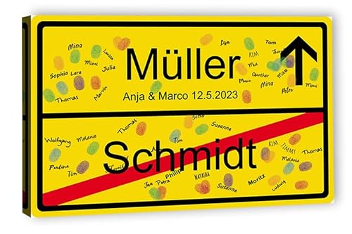 galleryy.net Fingerabdruck-Leinwand Hochzeit Leinwand 60x40 cm - Individuell mit Namen & Datum - INKL. Zubehör-Set mit Stempelkissen, Stift und Hochzeitsbuch - Motiv - Ortsschild von galleryy.net