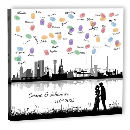 galleryy.net Fingerabdruck-Leinwand Hochzeit Leinwand 60x60 cm - Individuell mit Namen & Datum - INKL. Zubehör-Set mit Stempelkissen, Stift und Hochzeitsbuch - Motiv - Skyline Hamburg von galleryy.net