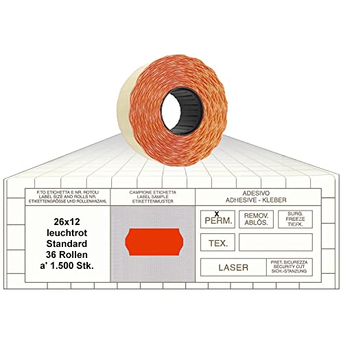 Preisauszeichner Etiketten 26x12 Standard leuchtrot 36 Rollen permanent Preisetiketten 1-Zeilig für Smart, Tovel, Meto, Contact, Sato, Samark, Printex von gebar