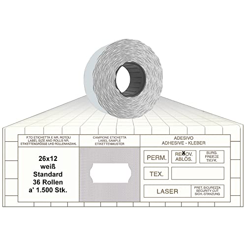 Preisauszeichner Etiketten 26x12 Standard weiß 36 Rollen ablösbare Preisetiketten 1-Zeilig für Smart, Tovel, Meto, Contact, Sato, Samark, Printex von gebar