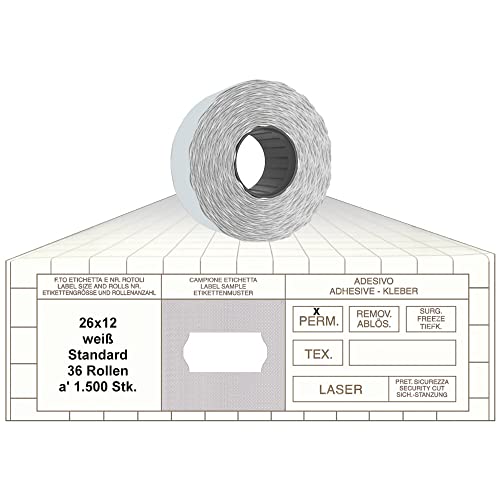 Preisauszeichner Etiketten 26x12 Standard weiß 36 Rollen permanent Preisetiketten 1-Zeilig für Smart, Tovel, Meto, Contact, Sato, Samark, Printex von gebar