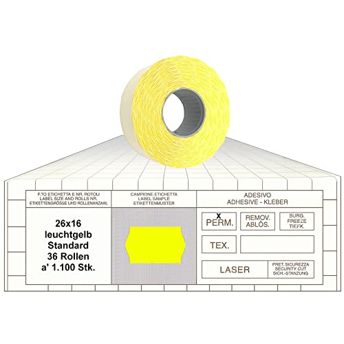 Preisauszeichner Etiketten 26x16 Standard leuchtgelb 36 Rollen permanent Preisetiketten für Printex Tovel Meto Blitz Print Jolly Avery von gebar