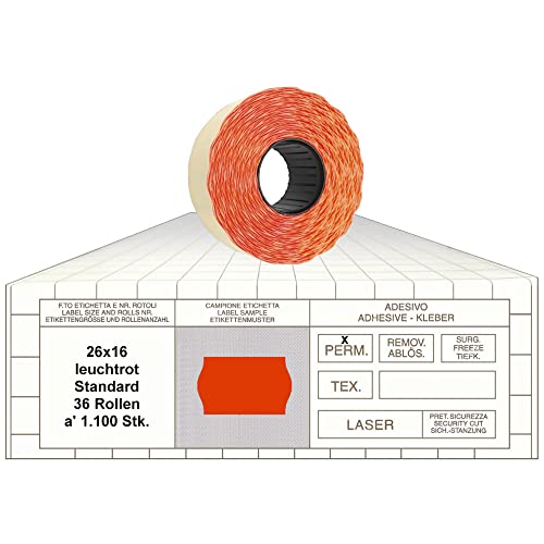 Preisauszeichner Etiketten 26x16 Standard leuchtrot 36 Rollen permanent Preisetiketten für Printex Tovel Meto Blitz Print Jolly Avery von gebar