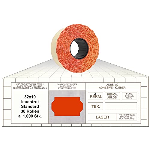 Preisauszeichner Etiketten 32x19 Standard leuchtrot 30 Rollen permanent Preisetiketten für Print Tovel Printex Contact Meto Blitz von gebar