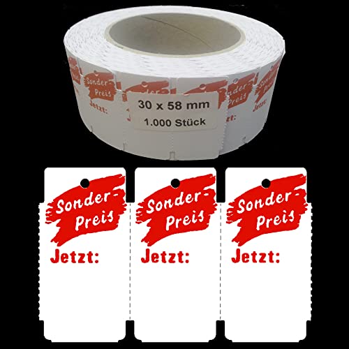 gebar - 1.000 Aktionsetiketten Endlosetiketten 30x58mm mit Druck Etiketten mit 3mm Lochung auf Rolle Preisetiketten Hängeetiketten Karton von gebar