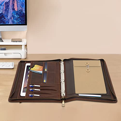 Schreibmappe Leder-Mappe, Aktenmappe mit A4 Klemmbrett/Schreibblock Halter, Leder Padfolio Ordner für 12.9" Laptop, Klassifizierter Stauraum Konferenzmappe, Geschenk für Männe (Kaffee) von gegeweeret