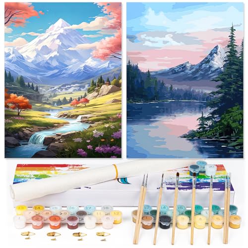 gelrovaled Malen Nach Zahlen Erwachsene, DIY Landschaft mit Pinseln und Acrylfarben Handgemalt Ölgemälde Leinwand für Home Decor, 30×40CM 2 Pack, (Snow Mountain Scenery) von gelrovaled