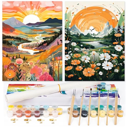 gelrovaled Malen Nach Zahlen Erwachsene, DIY Landschaft mit Pinseln und Acrylfarben Handgemalt Ölgemälde Leinwand für Home Decor, 30×40CM 2 Pack, (Sunrise Mountains) von gelrovaled