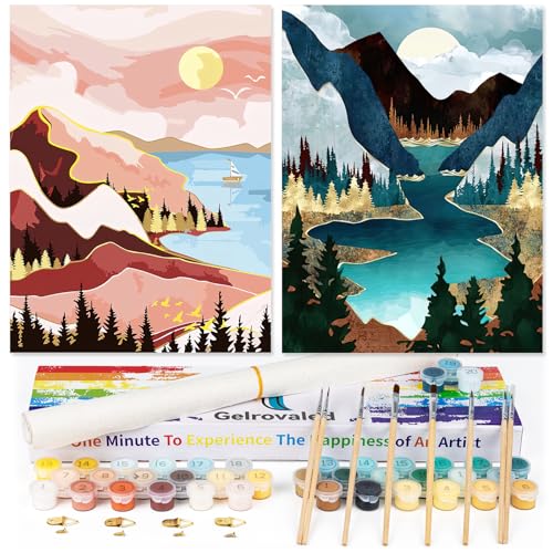 gelrovaled Malen Nach Zahlen Erwachsene, DIY Landschaft mit Pinseln und Acrylfarben Handgemalt Ölgemälde Leinwand für Home Decor, 30×40CM 2 Pack, (Sunset Lake Mountains) von gelrovaled