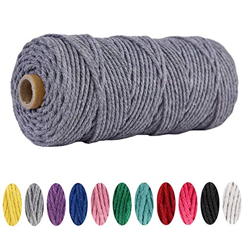 Makramee Garn 3 mm x 100 m Baumwollgarn Baumwollkordel Kordel-Strickarbeiten Kettgarn Baumwollschnur Macrame Garn,Wand Aufhängung Pflanze Aufhänger,DIY Basteln Katzenhängematte(Grau) von geneic