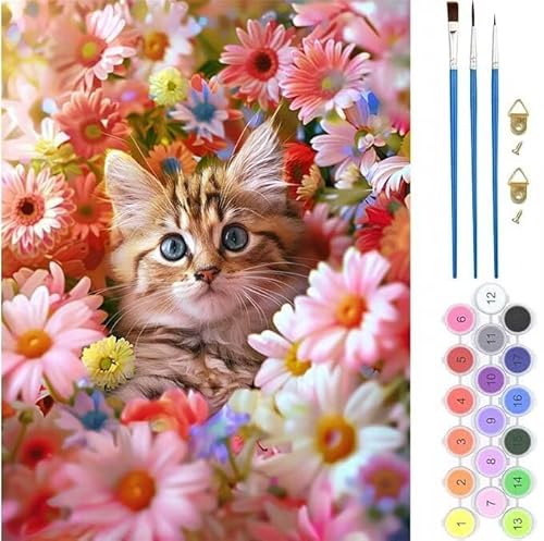 Blume Katze Malen Nach Zahlen,Paint by Numbers Malen Nach Zahlen Adult Kit,Groß DIY Handgemalt Ölgemälde Kit für Anfänger Mit Pinsels Und Acrylfarbe,für Home Décor Geschenke 40x60cm (No Frame) T-176 von generic