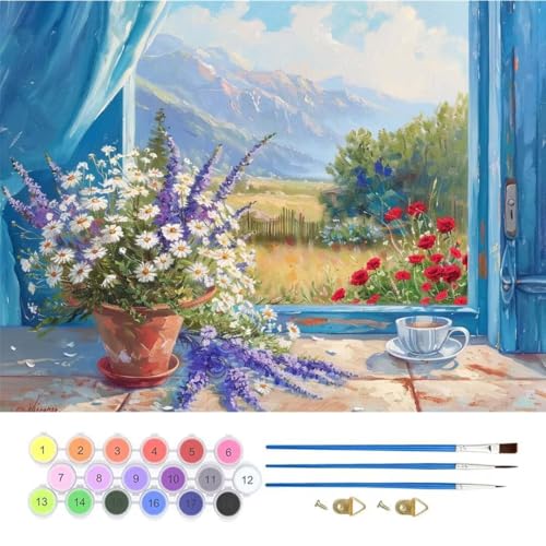 Fenster Blume Malen Nach Zahlen, Paint by Numbers Malen Nach Zahlen Adult Kit, Groß DIY Handgemalt Ölgemälde Kit für Anfänger Mit Pinsels Acrylfarbe, für Home Décor Geschenke 60x80cm (No Frame) T-851 von generic