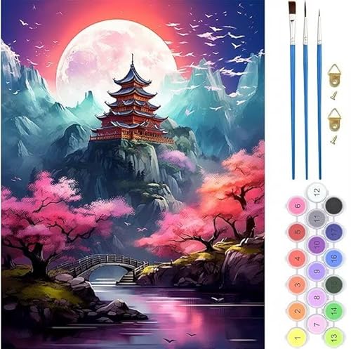 Japan Landschaft Malen Nach Zahlen,Paint by Numbers Malen Nach Zahlen Adult Kit,Groß DIY Handgemalt Ölgemälde Leinwand Kit für Anfänger Mit Pinsels Acrylfarbe,für Home Décor 100x120cm (No Frame) T-473 von generic