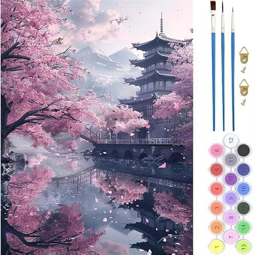 Japan Landschaft Malen Nach Zahlen,Paint by Numbers Malen Nach Zahlen Adult Kit,Groß DIY Handgemalt Ölgemälde Leinwand Kit für Anfänger Mit Pinsels Acrylfarbe,für Home Décor 30x40cm (No Frame) T-659 von generic