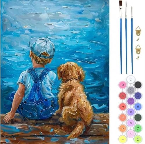 Junge Hund Malen Nach Zahlen, Paint by Numbers Malen Nach Zahlen Adult Kit, Groß DIY Handgemalt Ölgemälde Kit für Anfänger Mit Pinsels Und Acrylfarbe, für Home Décor Geschenke 70x90cm (No Frame) von generic