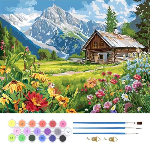 Malen Nach Zahlen Erwachsene, Malen Nach Zahlen Hütte Blume, Paint by Numbers Anfänger Mit Pinseln Acrylpigmen Handgemalt Ölgemälde Leinwand Kit für Geschenke Home Deko 80x100cm (Rahmenlos) T-818 von generic