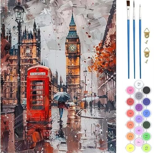 Malen Nach Zahlen Erwachsene, Malen Nach Zahlen London Stadt, Paint by Numbers Anfänger Mit Pinseln Acrylpigmen Handgemalt Ölgemälde Leinwand Kit für Geschenke Home Deko 50x65cm (Rahmenlos) T-293 von generic