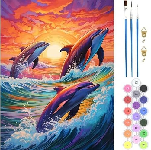 Malen Nach Zahlen Erwachsene, Malen Nach Zahlen Sonnenuntergang Delfin, Paint by Numbers Anfänger Mit Pinseln Acrylpigmen Handgemalt Ölgemälde für Geschenke Home Haus Deko 40x60cm (Rahmenlos) T-331 von generic