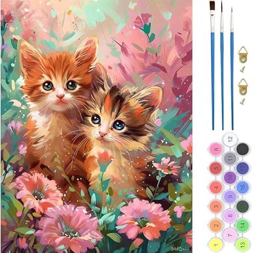 Malen Nach Zahlen Erwachsene,Malen Nach Zahlen Katze Blume,Paint by Numbers Anfänger Mit Pinseln und Acrylpigmen Handgemalt Ölgemälde Leinwand Kit für Geschenke und Home Deko 30x40cm (Rahmenlos) T-674 von generic