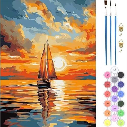 Malen Nach Zahlen Erwachsene,Malen Nach Zahlen Sonnenuntergang Boot,Paint by Numbers Anfänger Mit Pinseln Acrylpigmen Handgemalt Ölgemälde Kit für Geschenke Home Haus Deko 50x70cm (Rahmenlos) T-299 von generic