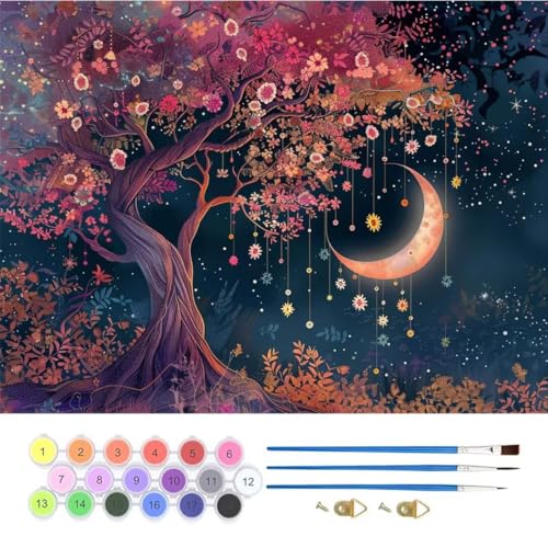 Mond Baum Malen Nach Zahlen, Paint by Numbers Malen Nach Zahlen Adult Kit, Groß DIY Handgemalt Ölgemälde Kit für Anfänger Mit Pinsels Und Acrylfarbe, für Home Décor Geschenke 30x40cm (No Frame) T-847 von generic