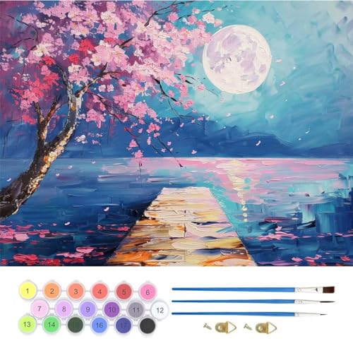 Mond Baum Malen Nach Zahlen, Paint by Numbers Malen Nach Zahlen Adult Kit, Groß DIY Handgemalt Ölgemälde Kit für Anfänger Mit Pinsels Und Acrylfarbe, für Home Décor Geschenke 30x40cm (No Frame) T-767 von generic