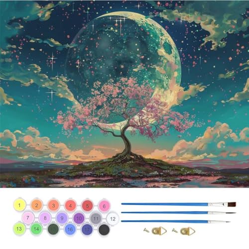 Mond Baum Malen Nach Zahlen, Paint by Numbers Malen Nach Zahlen Adult Kit, Groß DIY Handgemalt Ölgemälde Kit für Anfänger Mit Pinsels Und Acrylfarbe, für Home Décor Geschenke 40x60cm (No Frame) T-729 von generic