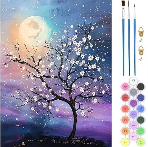 Mond Baum Malen Nach Zahlen, Paint by Numbers Malen Nach Zahlen Adult Kit, Groß DIY Handgemalt Ölgemälde Kit für Anfänger Mit Pinsels Und Acrylfarbe, für Home Décor Geschenke 50x70cm (No Frame) T-306 von generic