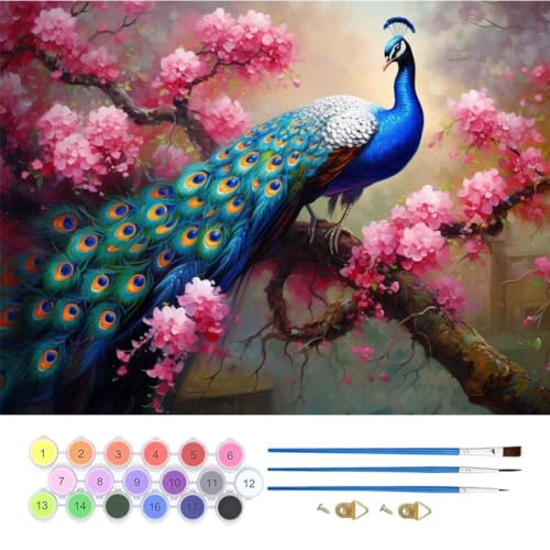 Pfau Blume Malen Nach Zahlen, Paint by Numbers Malen Nach Zahlen Adult Kit, Groß DIY Handgemalt Ölgemälde Kit für Anfänger Mit Pinsels Und Acrylfarbe, für Home Décor Geschenke 40x50cm (No Frame) T-845 von generic