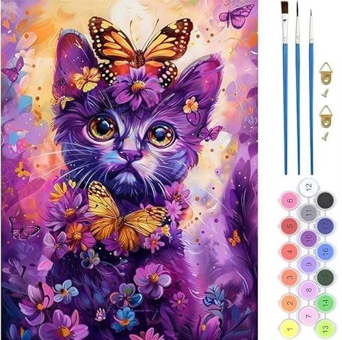 Schmetterling Katze Malen Nach Zahlen, Paint by Numbers Malen Nach Zahlen Adult Kit, Groß DIY Handgemalt Ölgemälde Kit für Anfänger Mit Pinsels Und Acrylfarbe, für Home Décor 100x120cm (No Frame) von generic