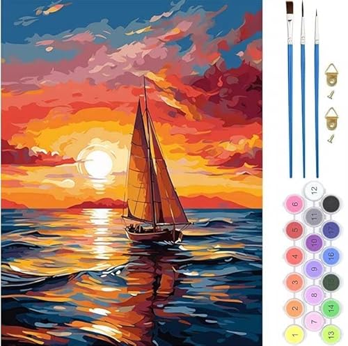 Sonnenuntergang Boot Malen Nach Zahlen, Paint by Numbers Malen Nach Zahlen Adult Kit, Groß DIY Handgemalt Ölgemälde Kit für Anfänger Mit Pinsels Und Acrylfarbe, für Home Décor 30x40cm (No Frame) T-80 von generic