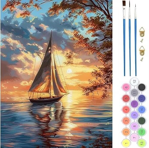 Sonnenuntergang Boot Malen Nach Zahlen, Paint by Numbers Malen Nach Zahlen Adult Kit, Groß DIY Handgemalt Ölgemälde Kit für Anfänger Mit Pinsels Und Acrylfarbe, für Home Décor 30x40cm (No Frame) T-244 von generic