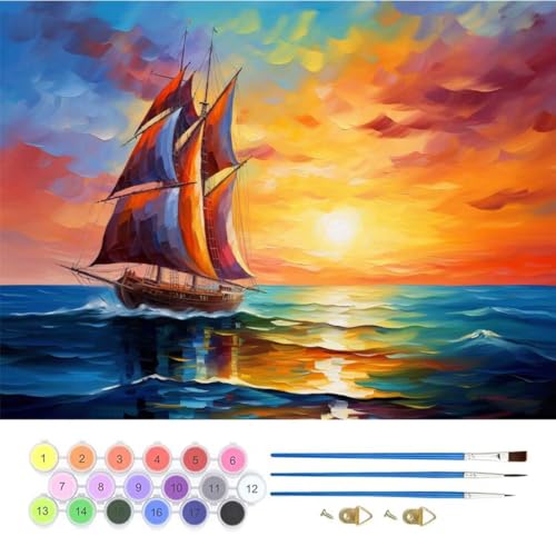 Sonnenuntergang Boot Malen Nach Zahlen, Paint by Numbers Malen Nach Zahlen Adult Kit, Groß DIY Handgemalt Ölgemälde Kit für Anfänger Mit Pinsels Und Acrylfarbe, für Home Décor 30x40cm (No Frame) T-765 von generic