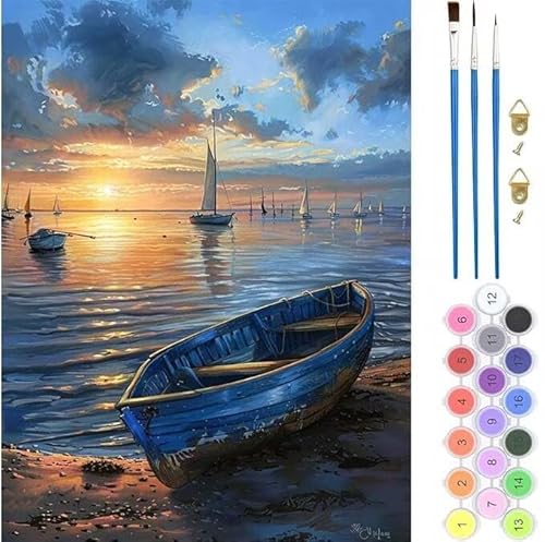 Sonnenuntergang Boot Malen Nach Zahlen, Paint by Numbers Malen Nach Zahlen Adult Kit, Groß DIY Handgemalt Ölgemälde Kit für Anfänger Mit Pinsels Und Acrylfarbe, für Home Décor 70x90cm (No Frame) von generic