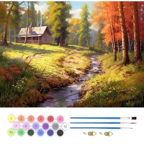 Wald Hütte Malen Nach Zahlen, Paint by Numbers Malen Nach Zahlen Adult Kit, Groß DIY Handgemalt Ölgemälde Kit für Anfänger Mit Pinsels Und Acrylfarbe, für Home Décor Geschenke 45x60cm (No Frame) T-835 von generic