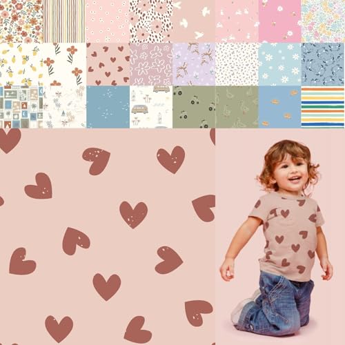 Baumwolljersey bedruckt, Jersey Stoff Meterware Sommer, Jerseystoff Blumen - Strickjersey Kinderdrucke - Stretchstoff Mädchen, BW-Jersey Jungs *ab 50cm, Farbe: 80-A91-006 Herzchen von generisch