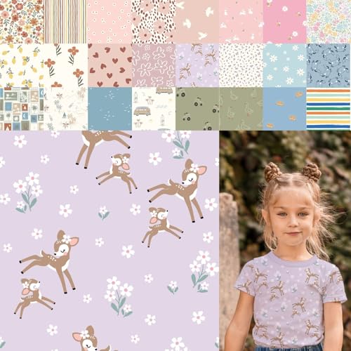 Baumwolljersey bedruckt, Jersey Stoff Meterware Sommer, Jerseystoff Blumen - Strickjersey Kinderdrucke - Stretchstoff Mädchen, BW-Jersey Jungs *ab 50cm, Farbe: 80-A91-010 Rehe von generisch