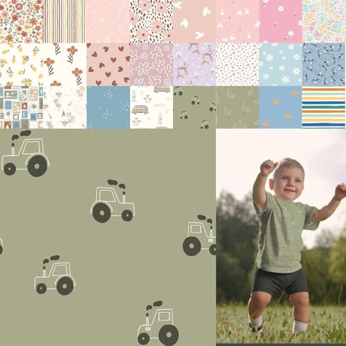 Baumwolljersey bedruckt, Jersey Stoff Meterware Sommer, Jerseystoff Blumen - Strickjersey Kinderdrucke - Stretchstoff Mädchen, BW-Jersey Jungs *ab 50cm, Farbe: 80-A91-018 Traktoren von generisch