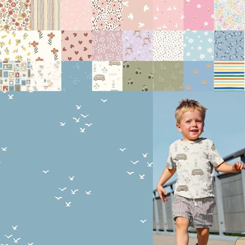 Baumwolljersey bedruckt, Jersey Stoff Meterware Sommer, Jerseystoff Blumen - Strickjersey Kinderdrucke - Stretchstoff Mädchen, BW-Jersey Jungs *ab 50cm, Farbe: 80-A91-021 Vögel von generisch