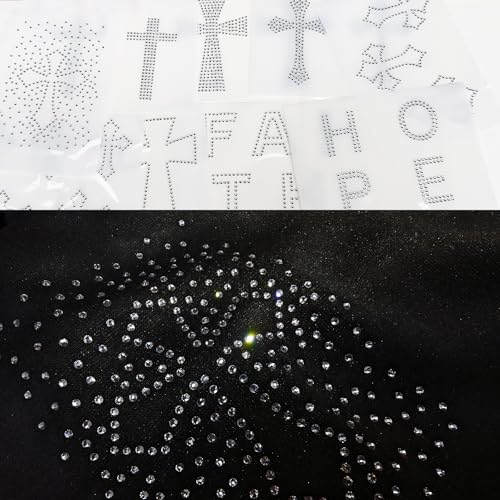 Genio Cristal Hotfix Strass-Kreuztransfers, 10 Blatt maschinenwaschbar, zum Aufbügeln, Kristall-Applikationen, Bling-Aufkleber für DIY-Kleidung, T-Shirts, Hoodies und Heimdekoration von genio cristal