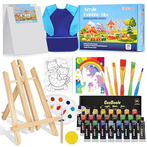 Gesboole Acryl-Malset für Kinder, ungiftiges Malset für Kinder, Kunstbedarf und Malset für Kinder mit 4 Leinwandplatten, 24 Farben, Kunstkitteln, Tischstaffeleien, 6 Pinsel usw., Malset als Geschenk von gesboole