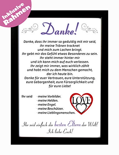 Bilderrahmen mit Danksagung - Danke Eltern als Geschenk zu Weihnachten inkl. Rahmen aus Holz - Hochwertiger Druck DIN A4 von geschenke-fabrik.de