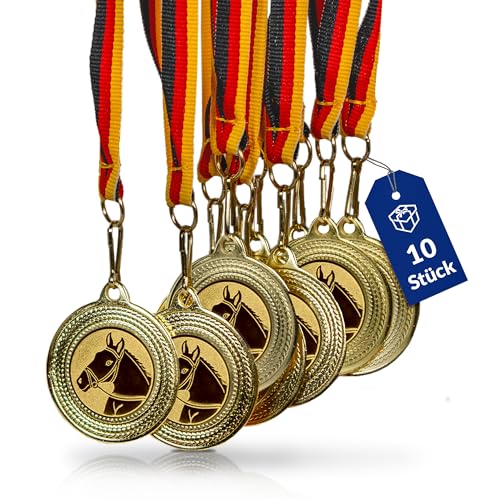 Pokal-Fabrik.de - Pferde-Medaillen 10er Set Metall - Pferdemedaille golden zum Umhängen für Siegerehrungen - Medaillen Kinder mit Deutschlandband & Emblem für Vereine & Turniere von geschenke-fabrik.de